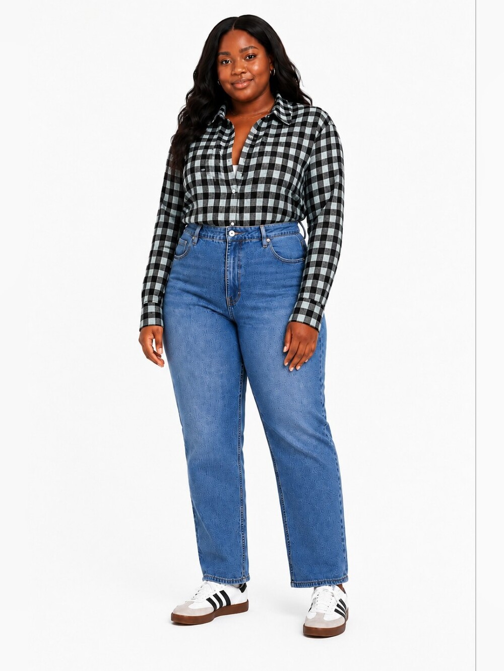 Plus Size H&M Black and Mint Green Check Button-Down Shirt Size 26